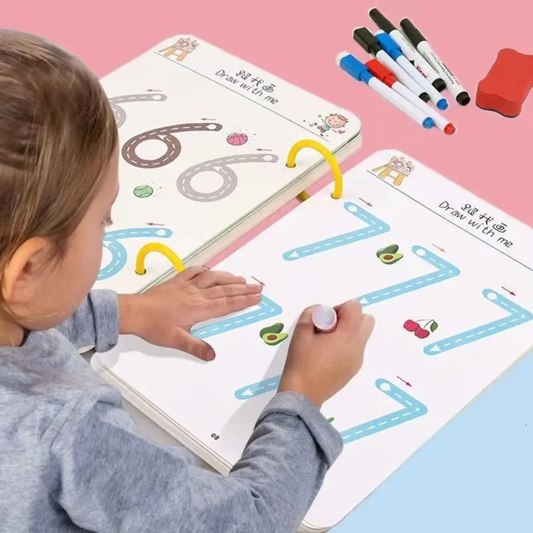 Reusable Educational Tracing Work Book for kids 64 Pages ( 2 Markers & Duster Attached )
