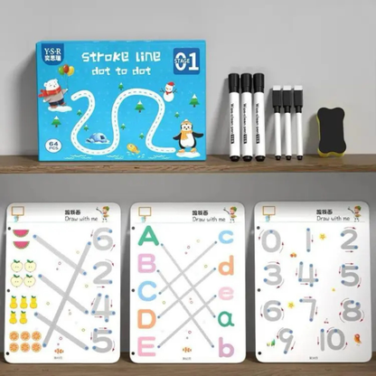 Reusable Educational Tracing Work Book for kids 64 Pages ( 2 Markers & Duster Attached )