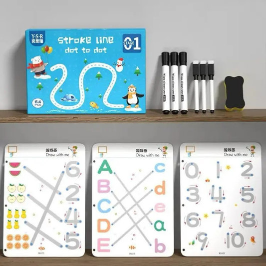 Reusable Educational Tracing Work Book for kids 64 Pages ( 2 Markers & Duster Attached )