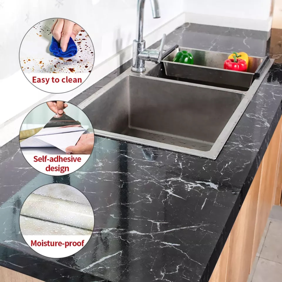 Black Marble Kitchen Sheet – White Vein Design (6.5 ft × 2 ft | 2 Meter Roll)