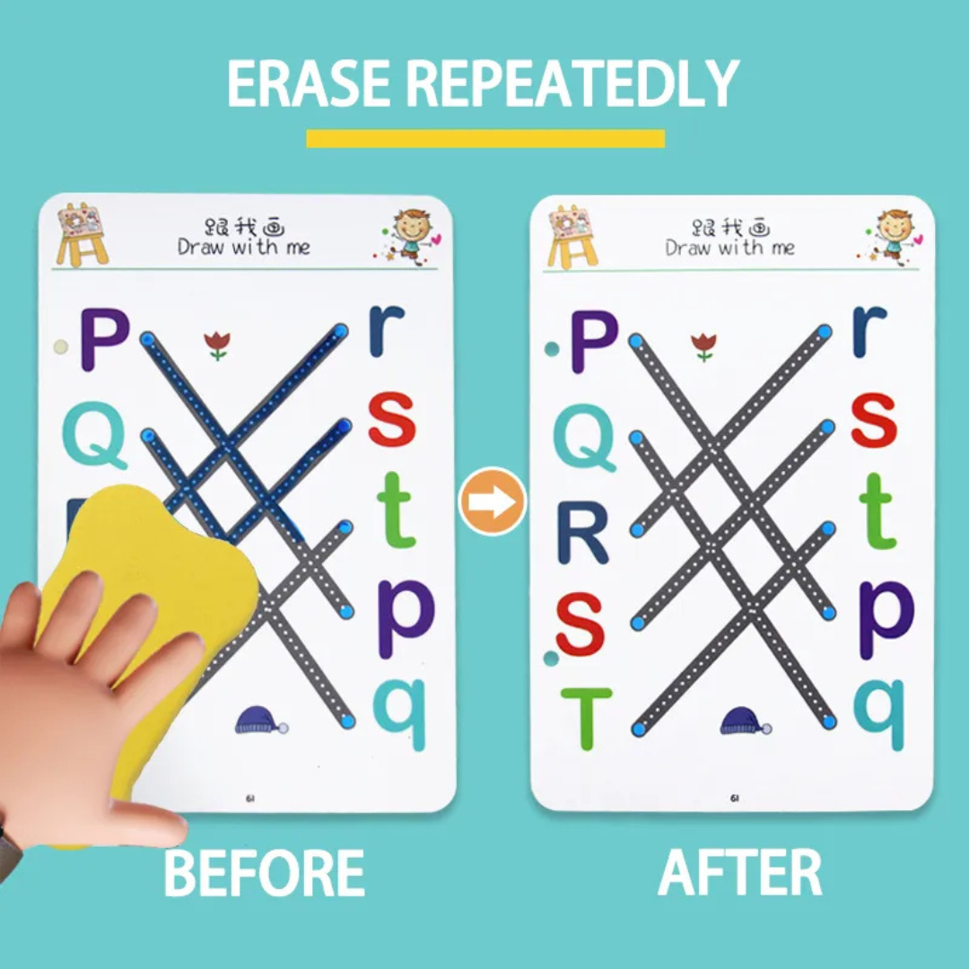 Reusable Educational Tracing Work Book for kids 64 Pages ( 2 Markers & Duster Attached )